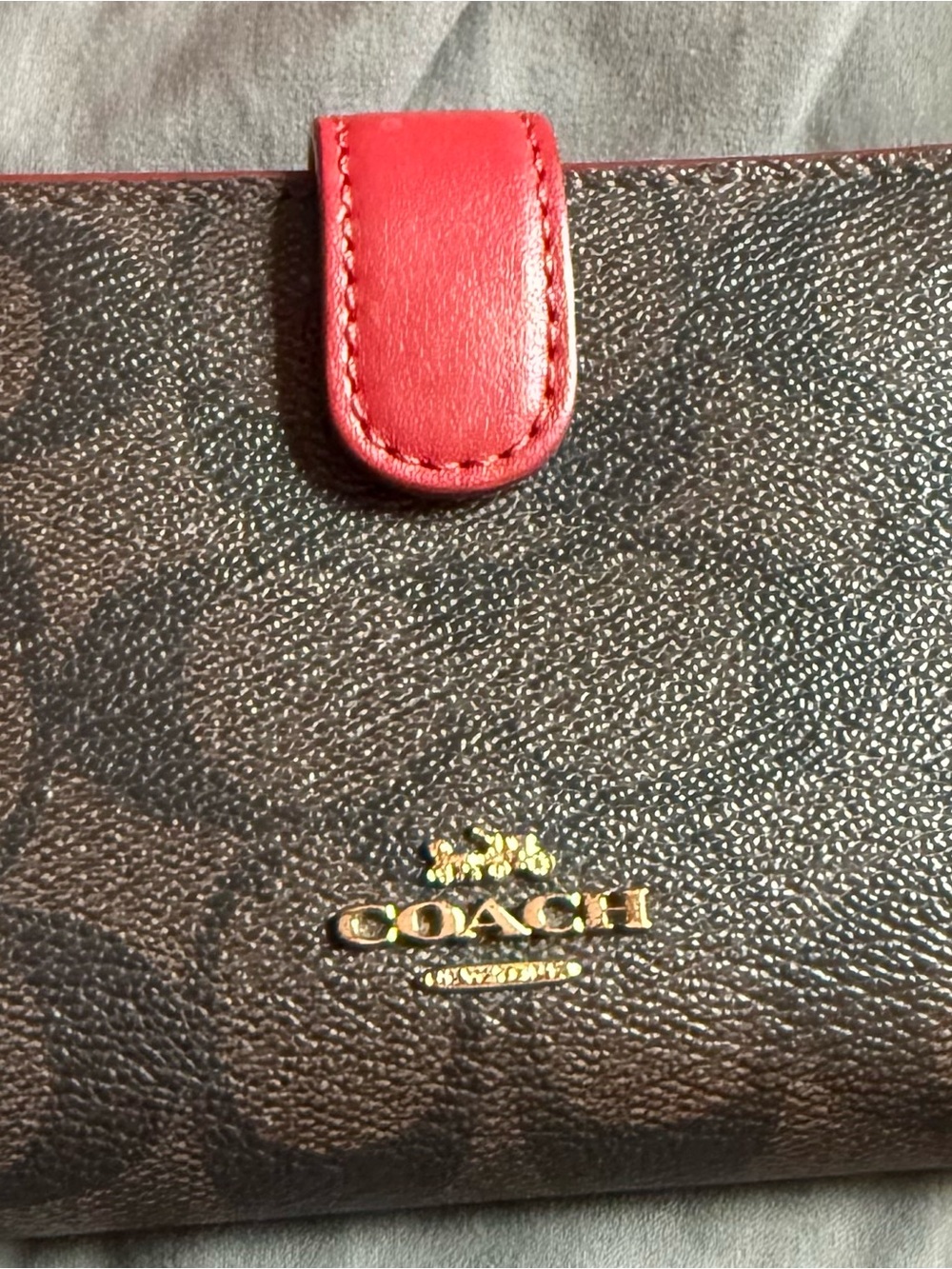 Coach Brown Signature Wallet with Red Tab and Gold Logo